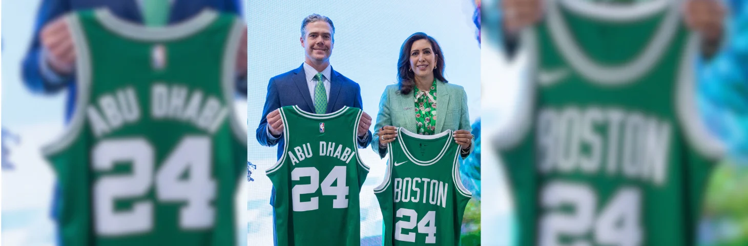 HE Nouf Al Boushelaibi Ted Dalton celebrating the new Abu Dhabi partnership with Boston Celtics