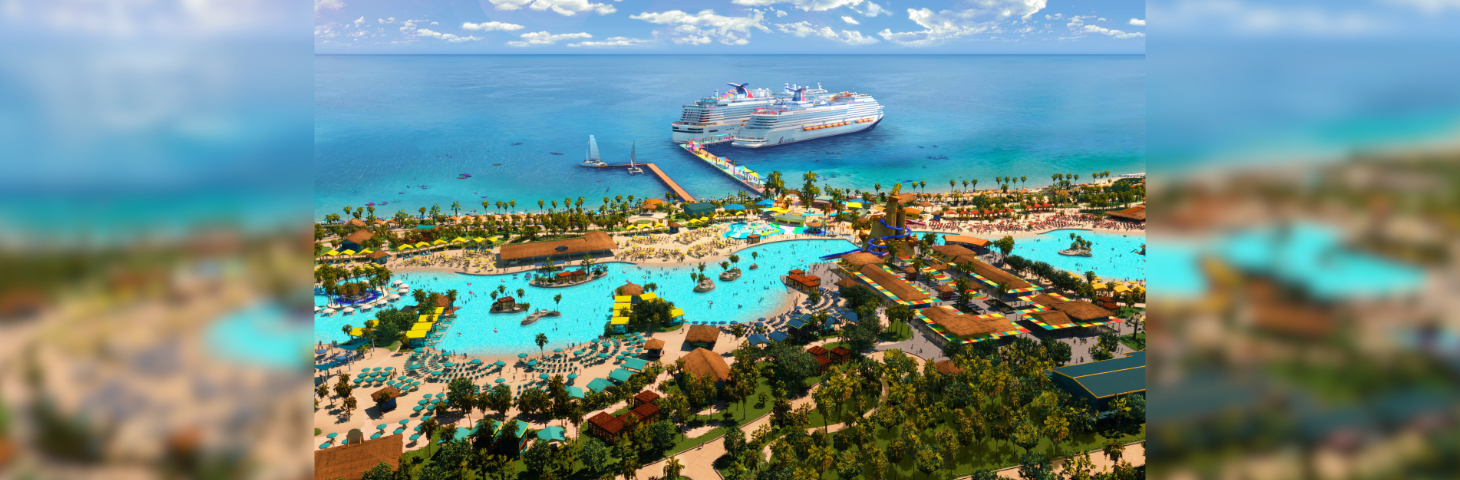 An aerial shot rendering of Carnival Key, Carnival Cruise Line's private island.
