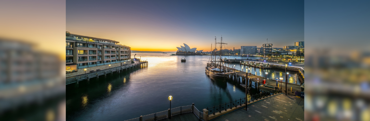 The view from Sydney Harbour at sunset.