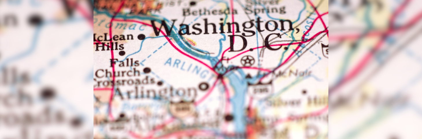 A map of America, focused on Washington D.C.