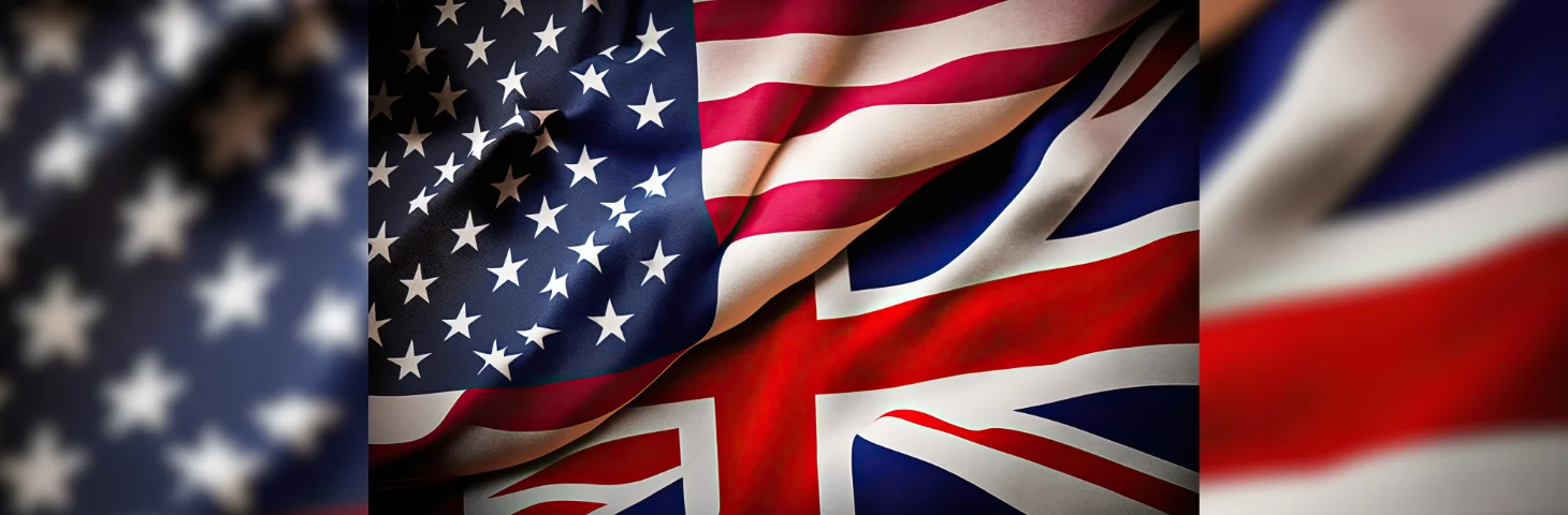 The flags of the United Kingdom and United States of America intertwining.
