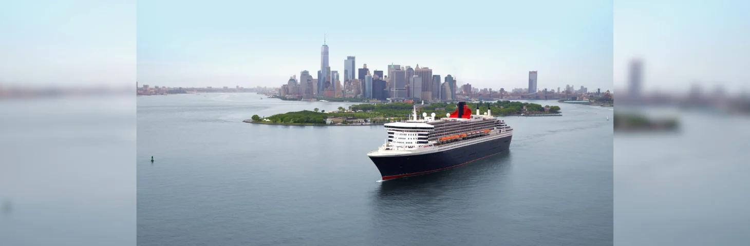 A Cunard vessel sailing near New York City.