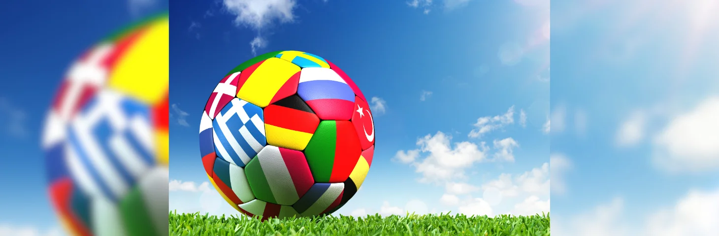 A football comprised of the flags of European nations.