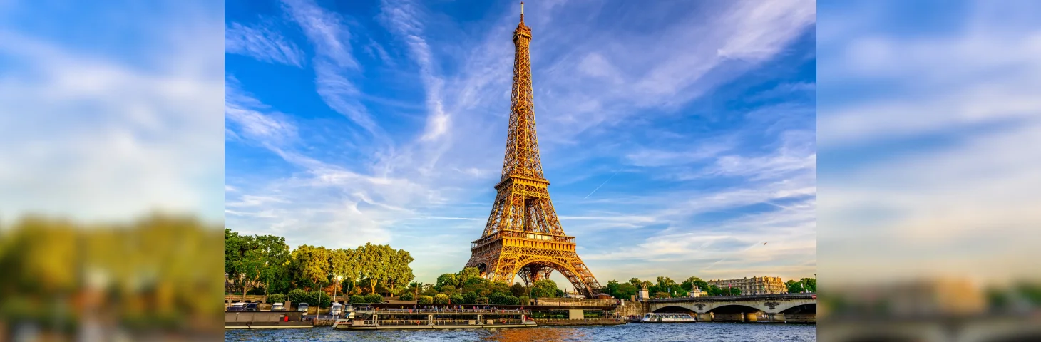 A view of the Eiffel Tower over the Seine from the Right Bank in Paris.