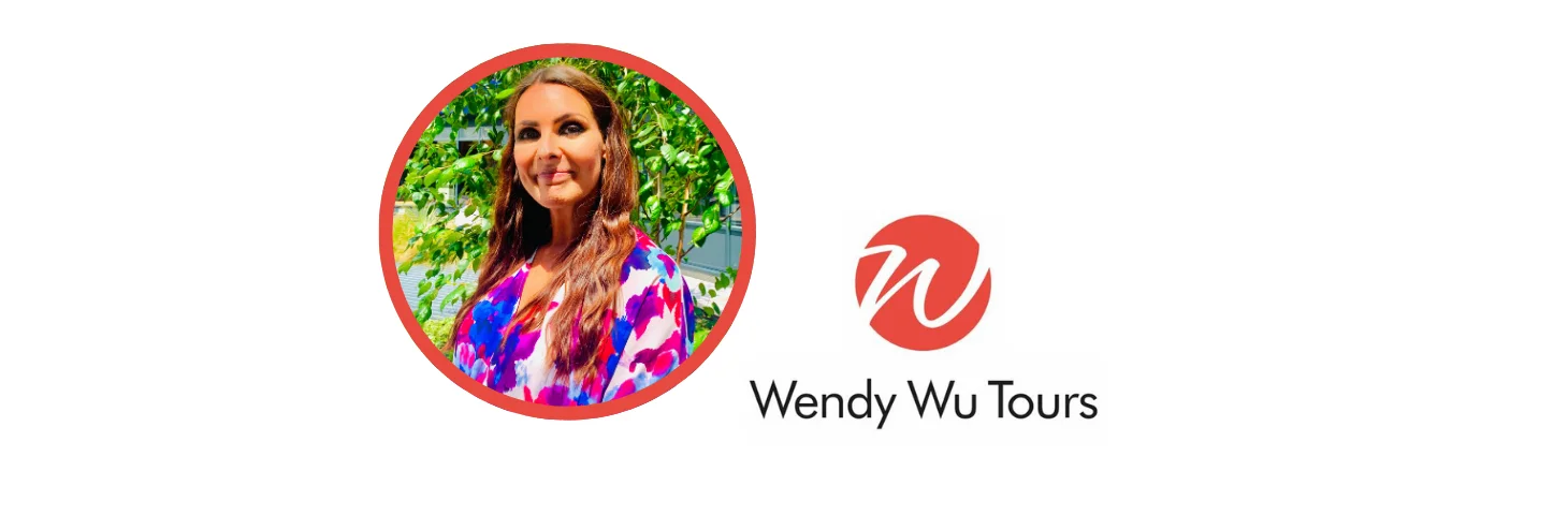 Sarah Kewley headshot next to Wendy Wu Tours logo.