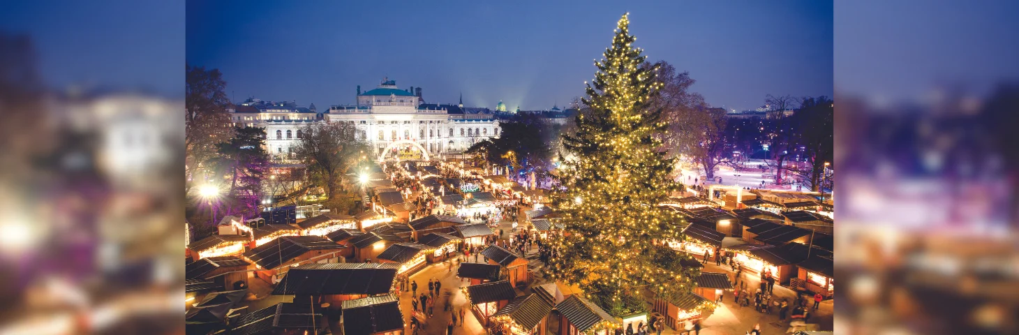 Aerial shot overlooking Vienna Christmas Markets.