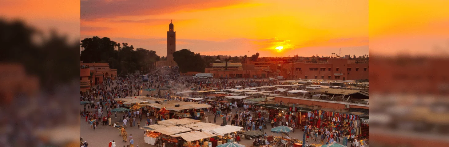 An aerial view of Marrakech at sunset.