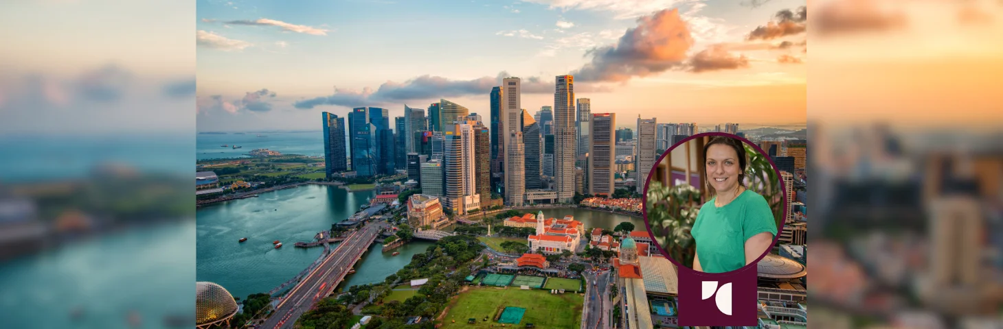 An aerial shot of Singapore, overlaid with Jo Wilson (from Travel Counsellors) headshot.