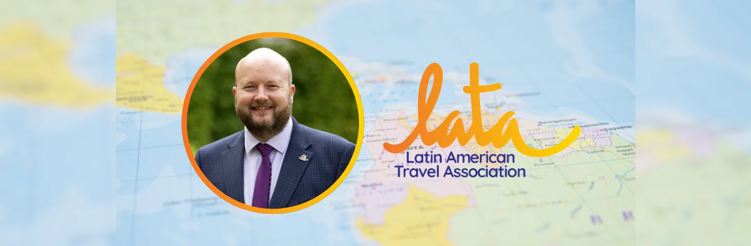 Martin Johnson, chairman of LATA, headshot next to Latin American Travel Association logo overlaying a blurred map of Latin America.