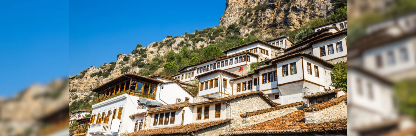 Cliffside houses in Berat, Albania.