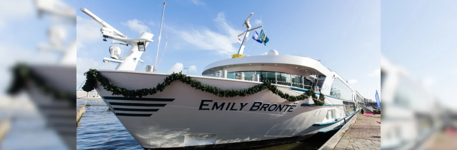 The bow of MS Emily Brontë as the boat is docked.