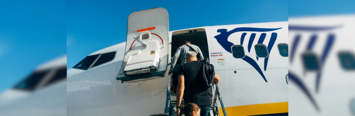 Passengers boarding a Ryanair flight.