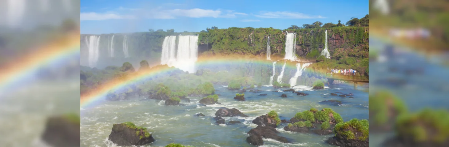 A rainbow over Iguazu Falls on the border of the Argentine province of Misiones and the Brazilian state of Paraná..