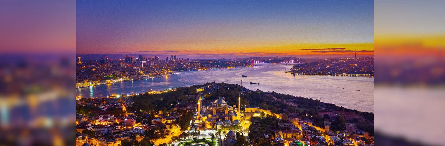 An aerial view of Bosphorus at sunset.