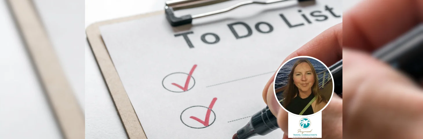 A hand ticking off items on a 'To-Do' list overlaid with a headshot of Carly Cockburn and The Personal Travel Consultants In Partnership with Blue Bay Travel logo.