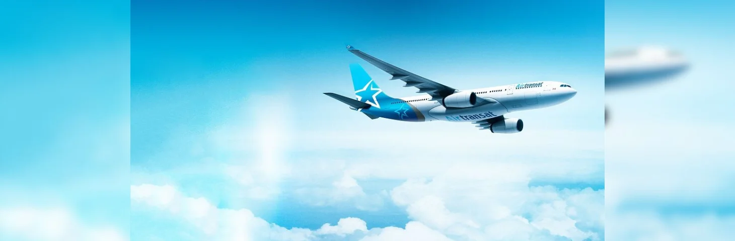 A rendering of an Air Transat aeroplane in flight.