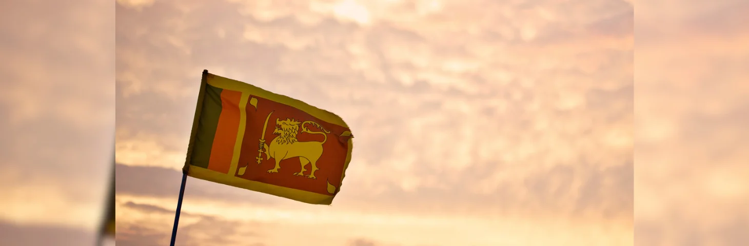 The national flag of Sri Lanka waving against a pink sky. 