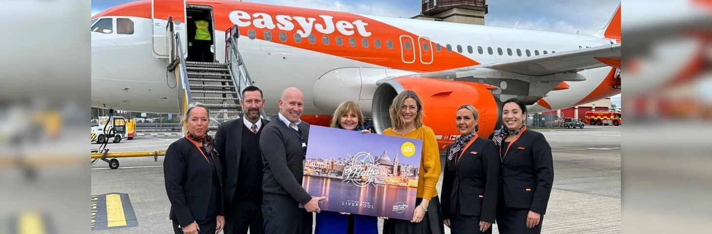 Representatives from easyJet, the Malta Tourism Authority and Liverpool John Lennon Airport on the runway celebrating the launch of the new service.