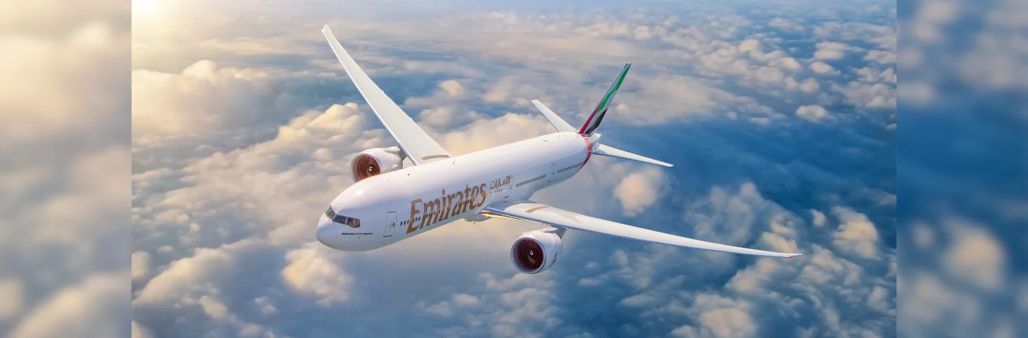 A newly retrofitted four-class Emirates Boeing 777-300ER in flight.