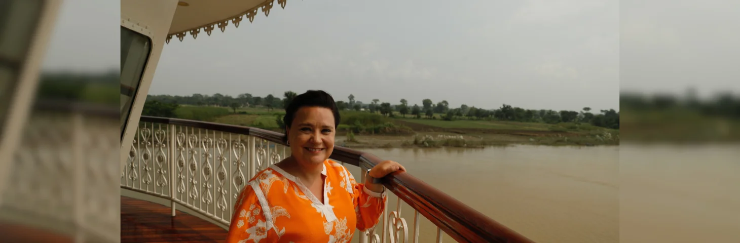 Susan Calman aboard Uniworld's Ganges Voyager II during filming for Susan Calman's Cruise of a Lifetime.