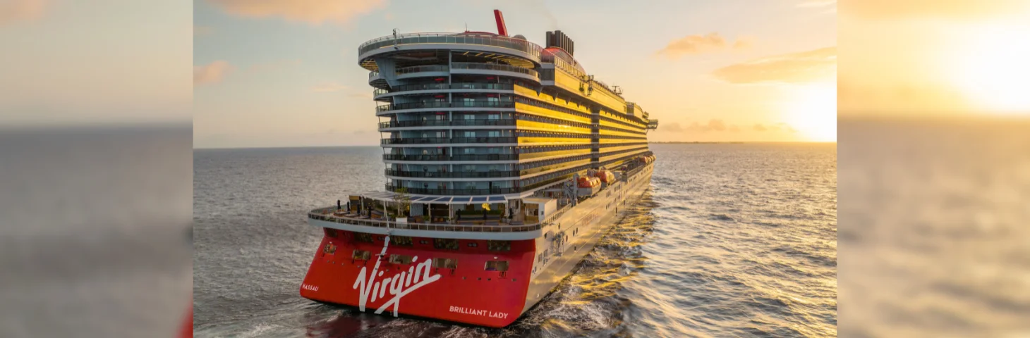 The stern of Brilliant Lady, a Virgin Voyages ship. 