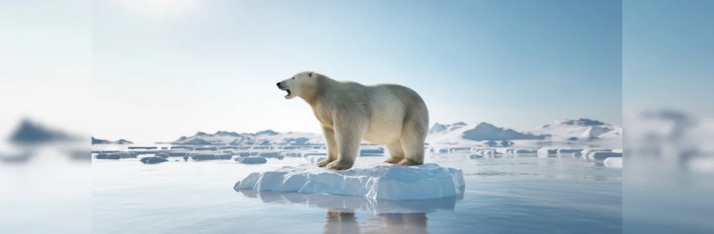 A polar bear standing on a floating block of ice in the sun.