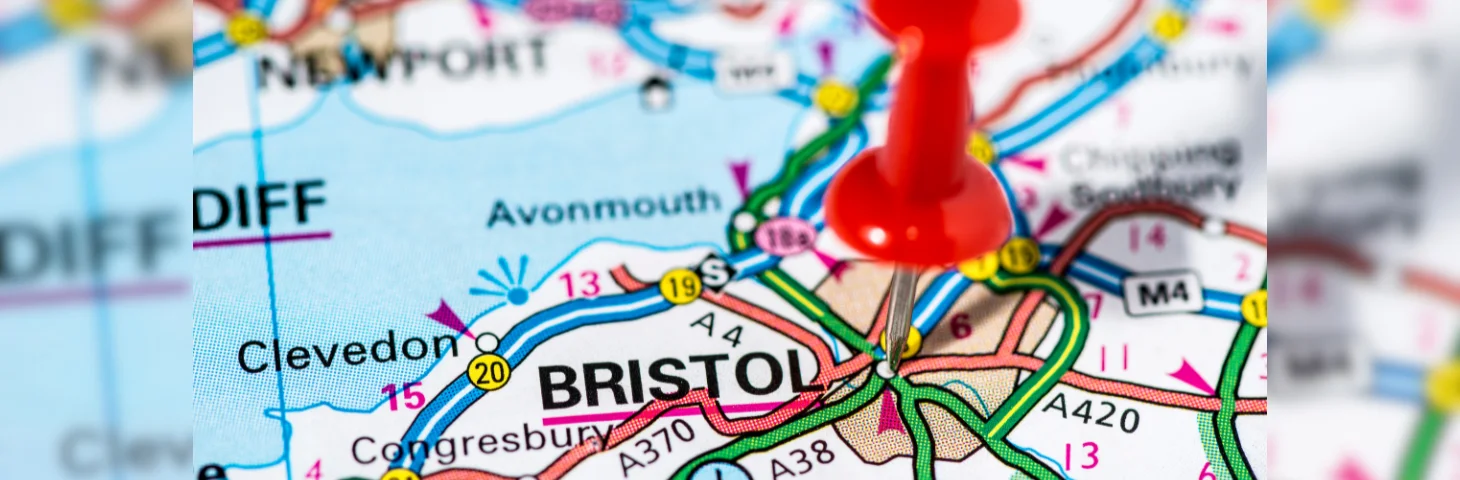 A map of Bristol with a red pin in the city centre.