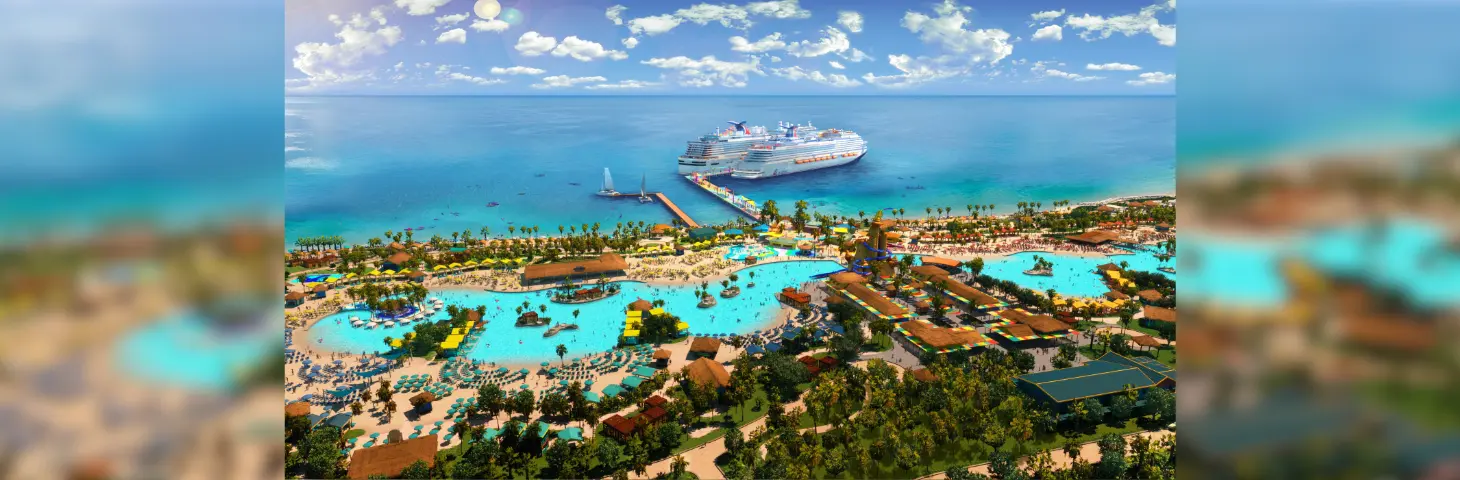 A rendering image of the dock at Celebration Key, complete with two cruise ships docking in the background