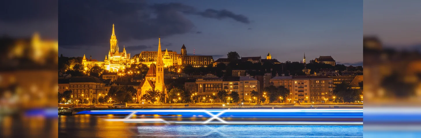 A rendering of a Celebrity River Cruises vessel sailing on the Danube in Budapest, Hungary.