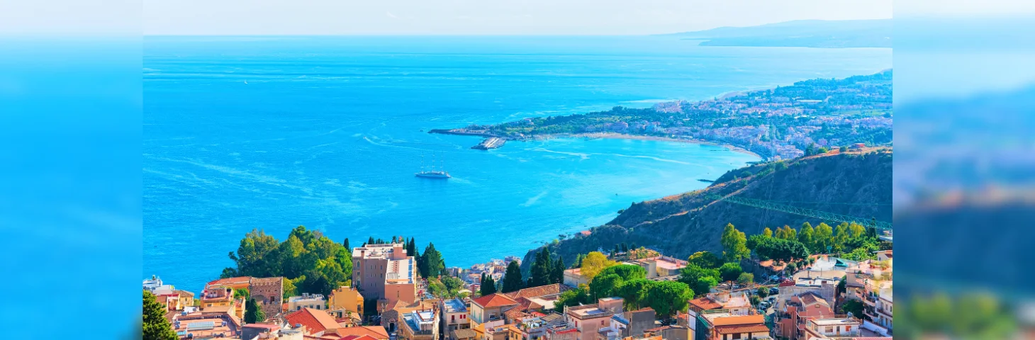 Cityscape of Taormina and the Mediterranean Sea, Sicily.