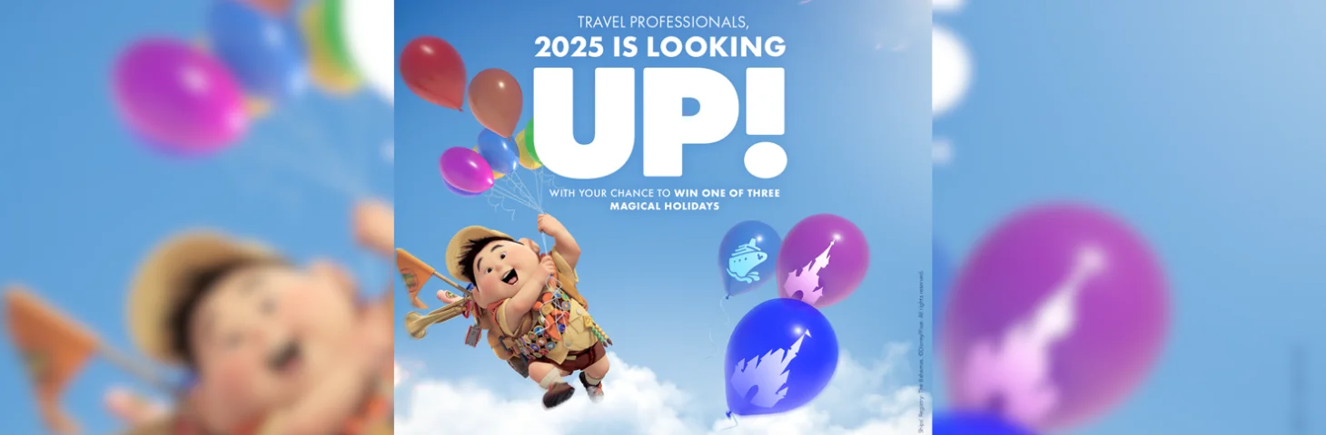 Russell from the Pixar film Up! flying through the air holding onto balloons.