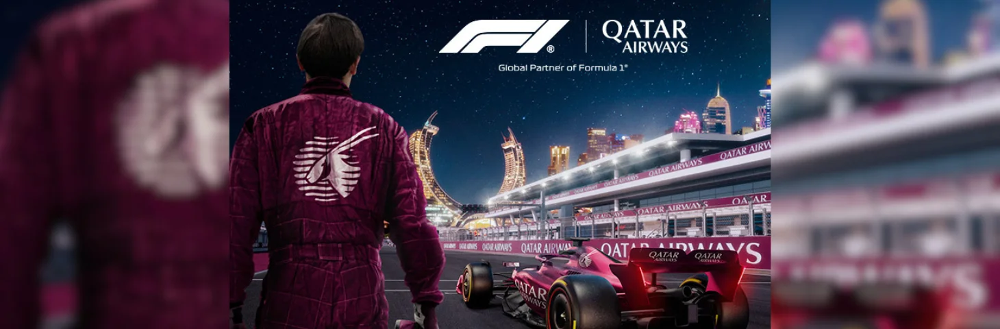 A rendering of a Qatar Airways-sponsored F1 vehicle at the Lusail International Circuit in Doha, Qatar.