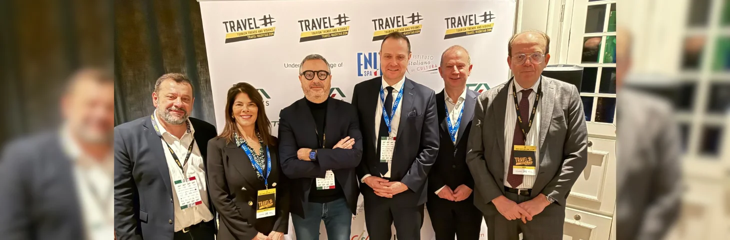 Gianni Leone from Southall Travel, Carla Catuogno from ITA Airways, Nicola Romanelli from Travel Hashtag, Andrew Bunn from ITA Airways, Flavio Zappacosta from ENIT and Giovanni Sacchi from the Italian Trade Agency at a Travel Hashtag event in London in 2025.