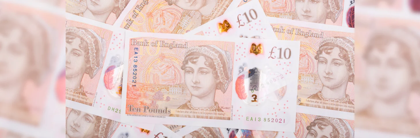 A pile of new polymer £10 notes.