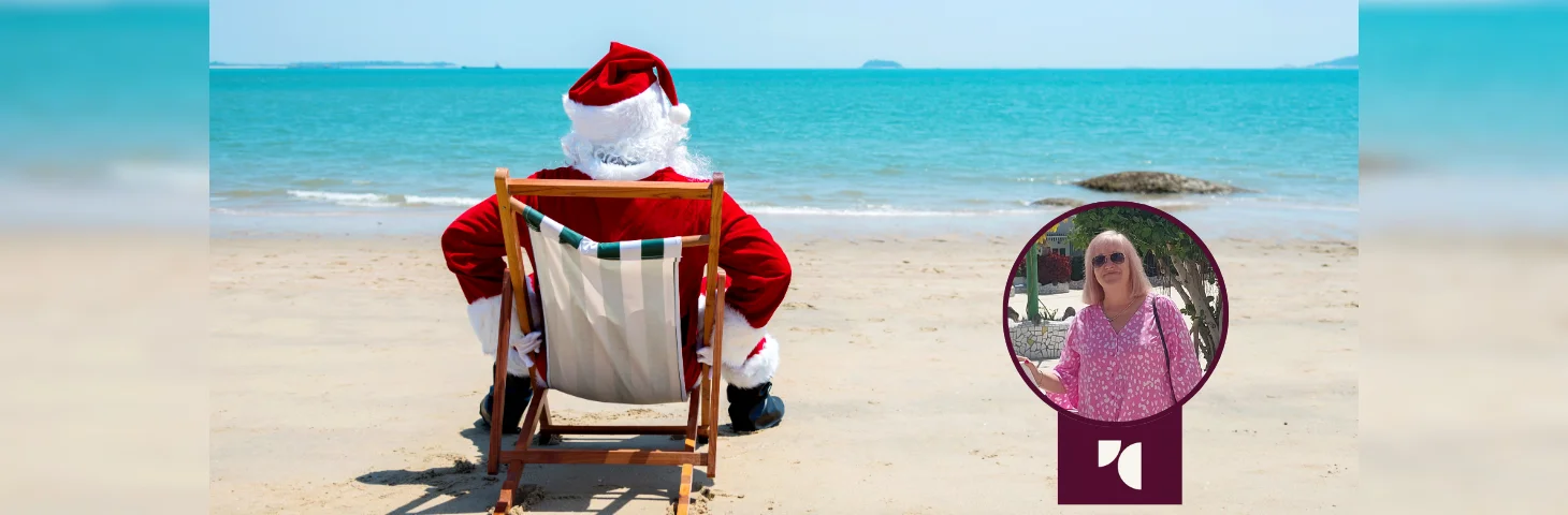 Santa sat on a beach in a striped deck chair, overlaid with the Travel Counsellors logo and a headshot of Su Dillon.
