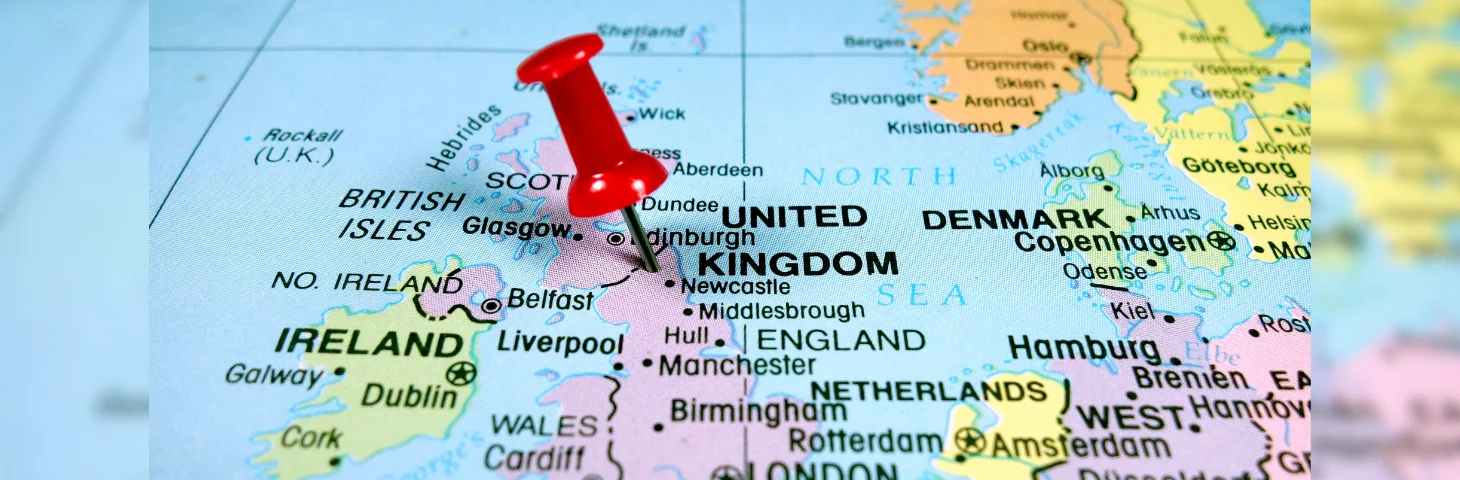 A map of Europe, centred on the UK and Ireland, with a red pin in the North of England, near the Scottish border.