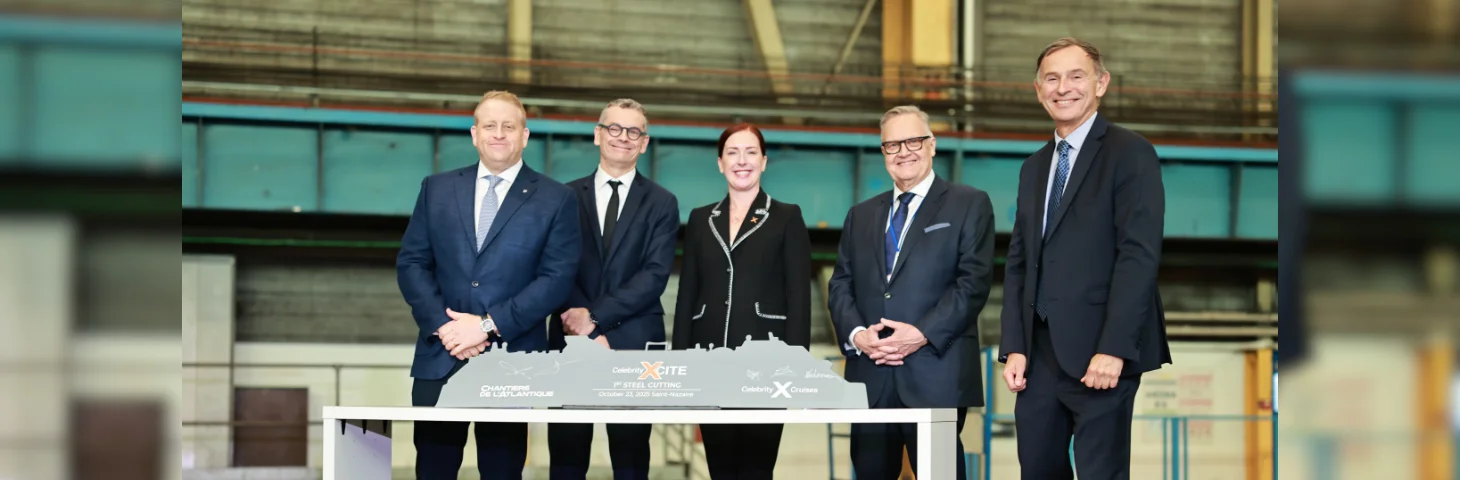 Senior leaders from Celebrity Cruises, announcing the latest Edge Series ship in France.