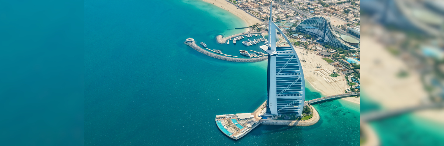 An aerial view of the Burj Al Arab, a skyscraper in Dubai, UAE.