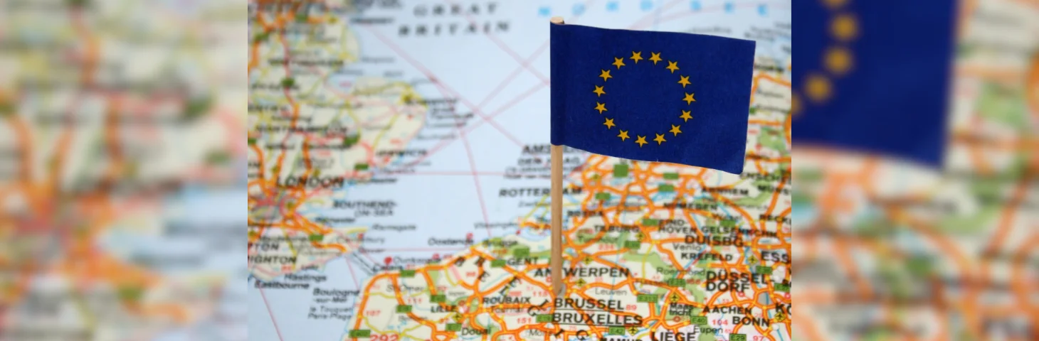 A map of the UK & Europe, with a small flag of the EU placed into Brussels, Belgium.