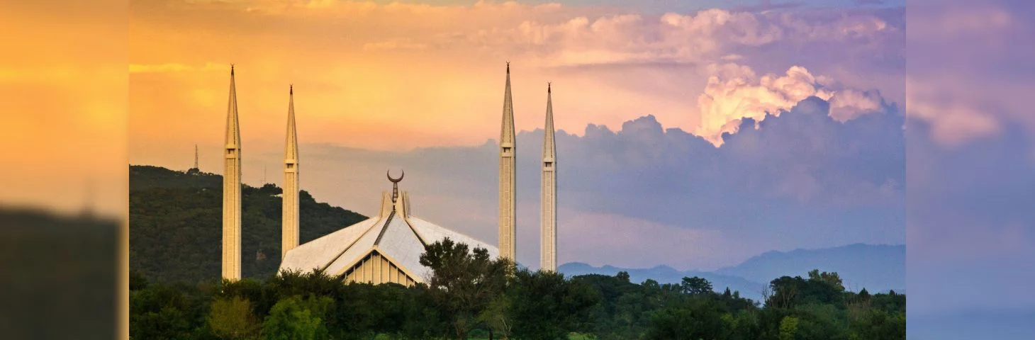 The Shah Faisal Mosque, the largest in Pakistan, at sunset.