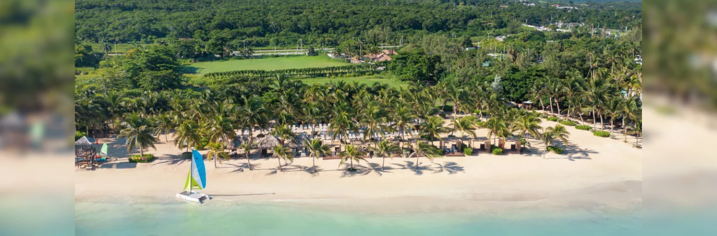 An aerial view of the beachfront area at Dreams Rose Hall Resort & Spa in Montego Bay, Jamaica.