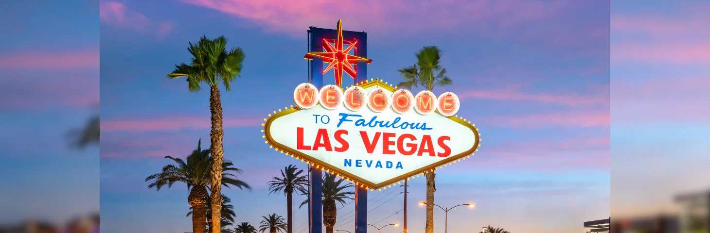 The 'Welcome to Fabulous Las Vegas Nevada' sign at sunset.