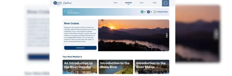 The landing page of Riviera Explorer, Riviera Travel's agent learning and rewards platform.