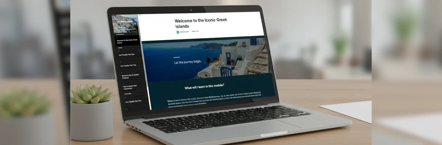 A Macbook on a wooden desk, open on the Greek Islands e-learning module on Celestyal's trade education platform.