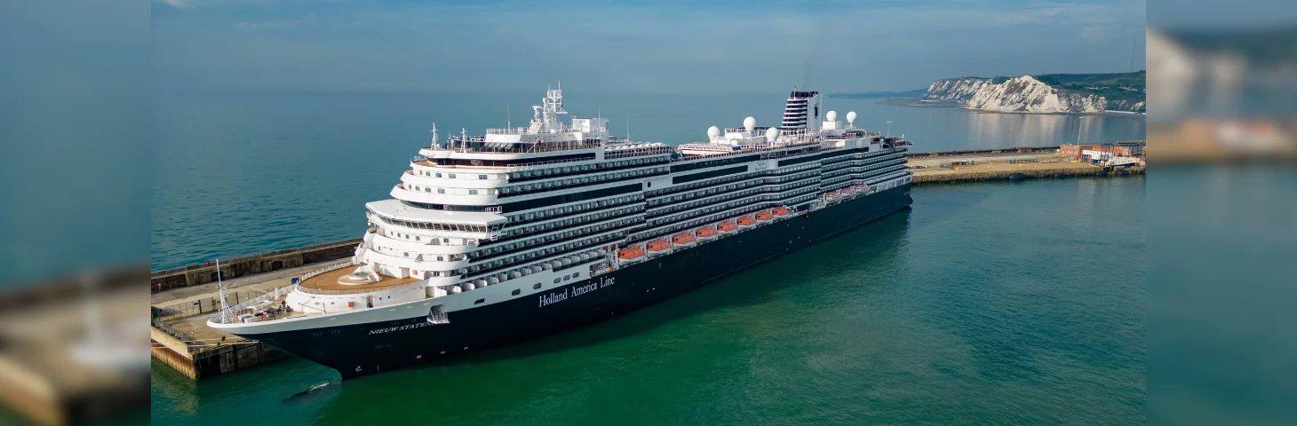 A Holland America Line cruise ship docked in Dover.