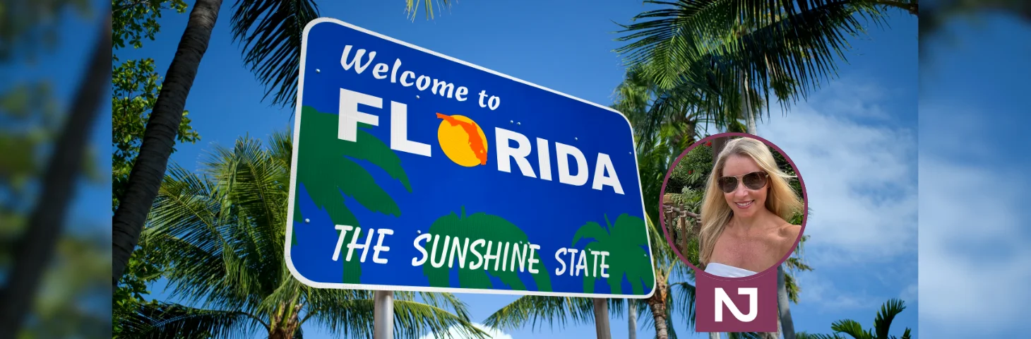 Tropical palm trees behind a 'Welcome to Florida: The Sunshine State' billboard. Helen Gage, a Not Just Travel agent, and the Not Just Travel logo are overlaid in the bottom right corner.