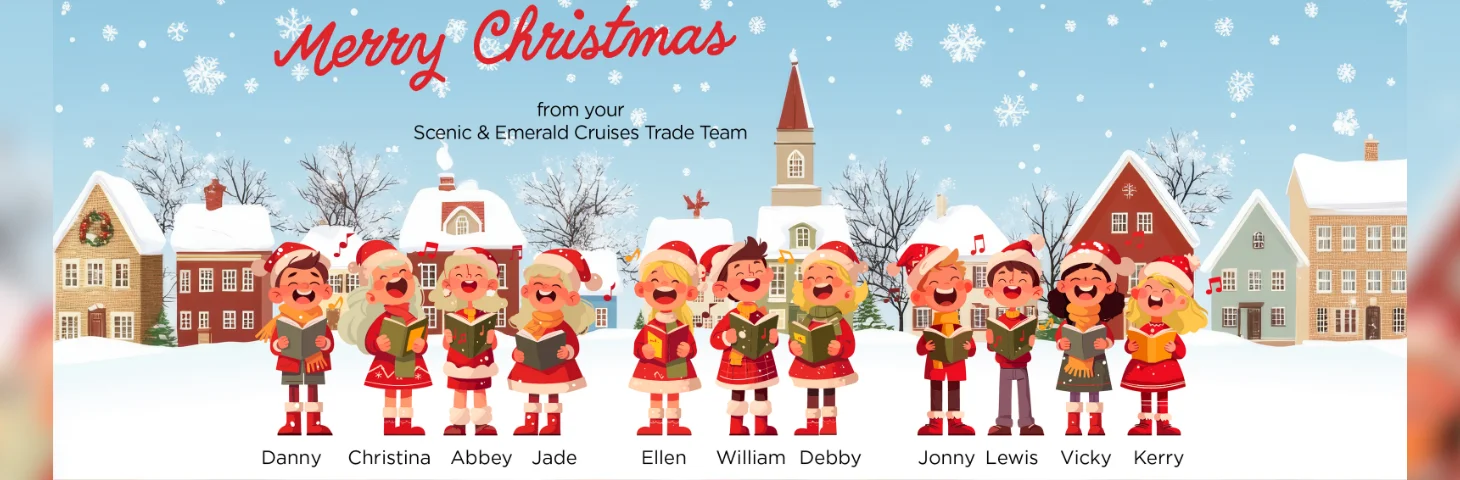 A Christmas banner celebrating Scenic & Emerald's 2025 Christmas giveaway promotion, featuring the brand's trade sales team as elves.