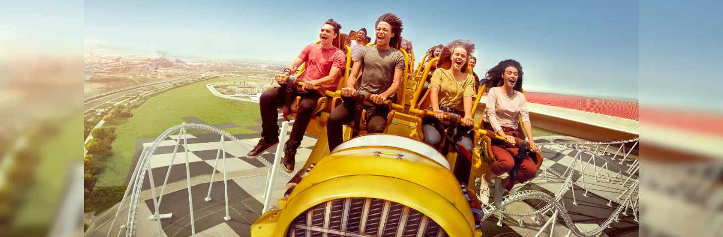 Guests at Ferrari World Abu Dhabi riding the Flying Aces Rollercoaster.