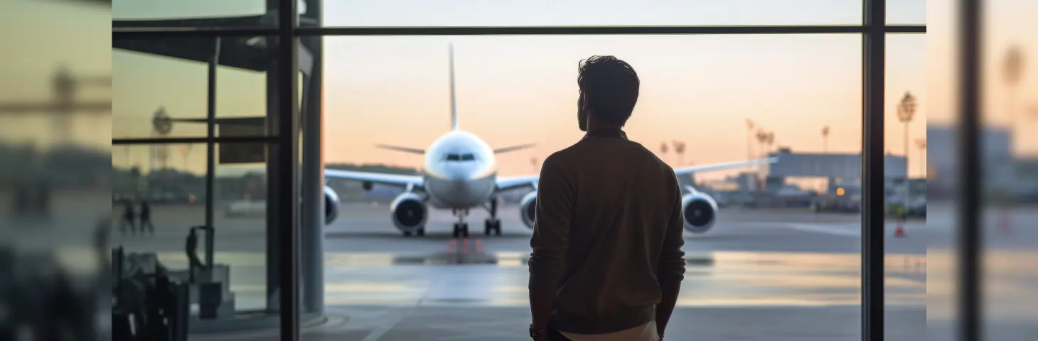 Man looking out of the airport window at a plane