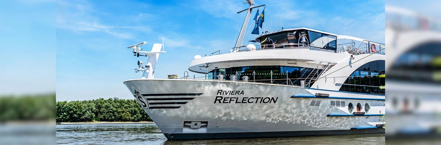 A mockup of Riviera Reflection, Riviera Travel's upcoming radiance-class river cruise vessel.